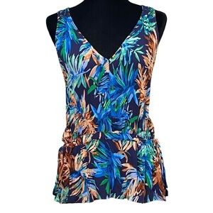 If By Sea Floral Racerback Tank Top Large Blue Tropical Sleeveless Blouse